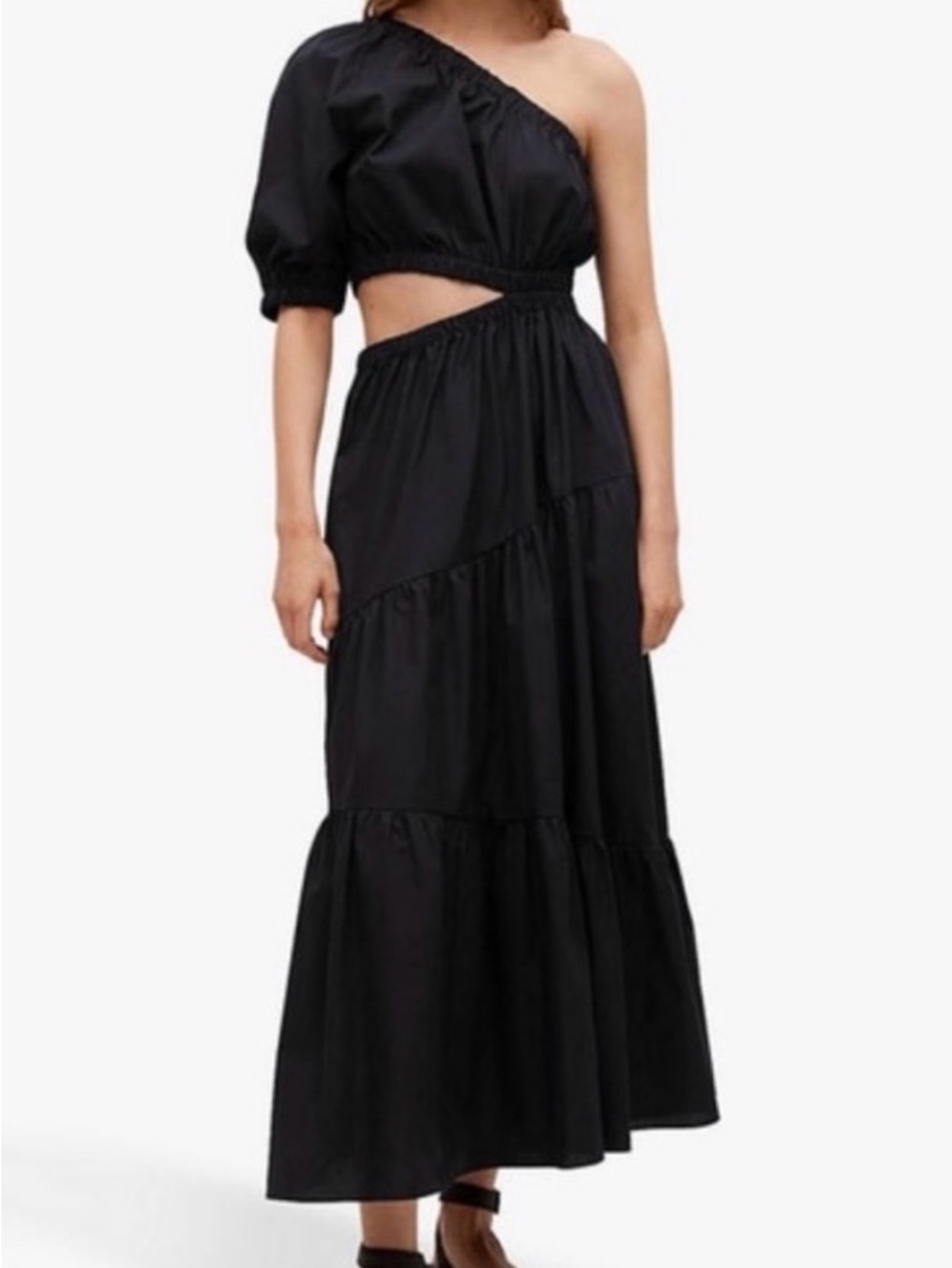 Mango Poplin One-Shoulder Black Cutout Maxi Dress